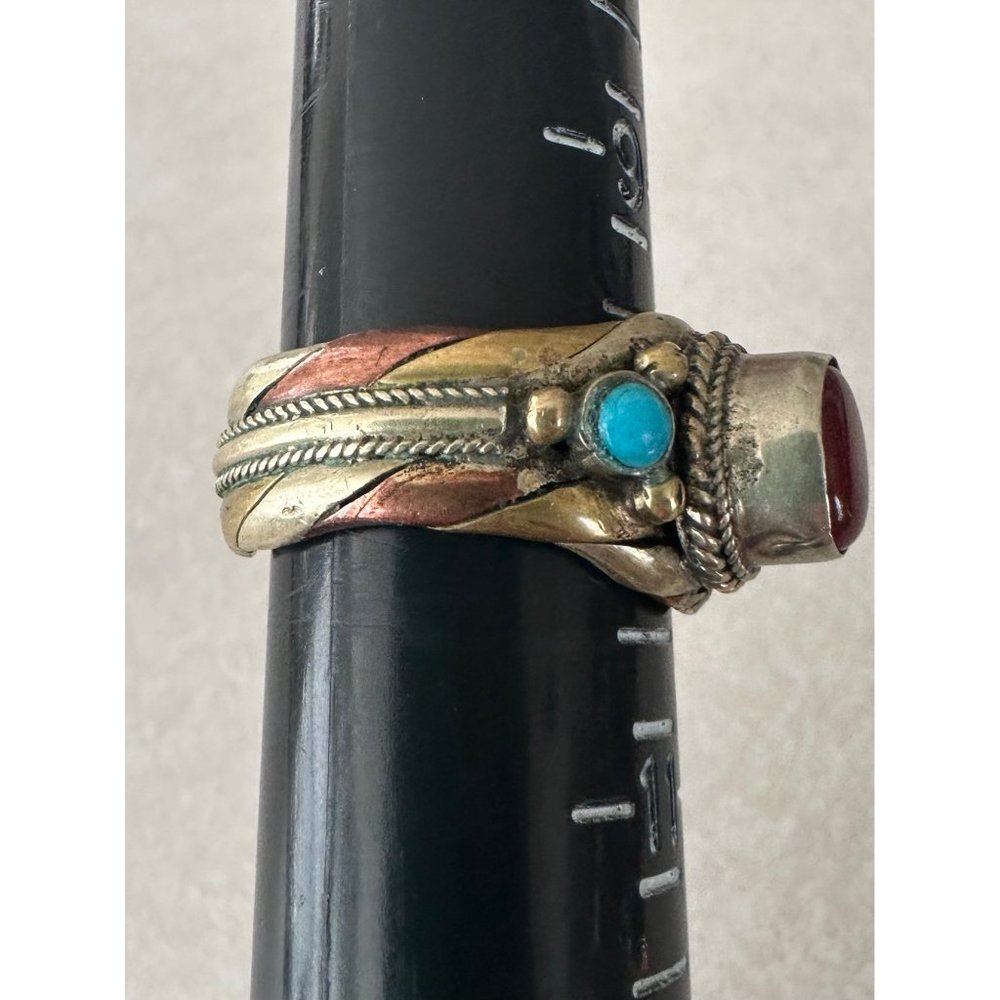 Tibetan twisted mixed metals red carnelian turquoise polished cabochons ring - Picture 4 of 9